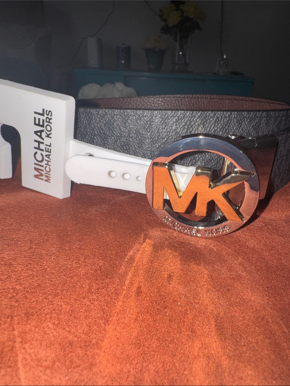 Michael Kors White Strap Belt with Two-Tone MK Logo Buckle